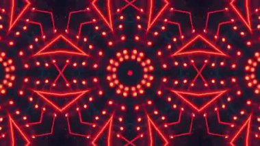 Kırmızı neon geometrik şekiller ve parlayan ışıklarla büyüleyici bir kaleydoskop deseni içeren canlı bir video dinamik bir görsel deneyim yaratıyor..