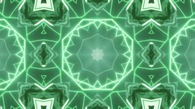Geometrik şekilli ve parıldayan çizgilerle yeşil kaleydoskop desenli soyut animasyon büyüleyici ve dinamik bir görsel etki yaratır..