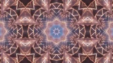 Parlak neon çizgiler ve renklerin yer aldığı bir kaleydoskop tasarımında karmaşık geometrik desenler.