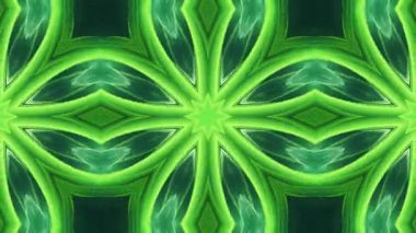 Simetrik desenli, parlak yıldız patlamaları ve geometrik şekilli canlı bir yeşil kaleydoskop içeren bir video büyüleyici bir soyut sanat deneyimi yaratıyor..