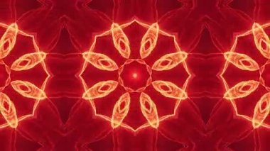 Tekrarlayan kırmızı ve altın desenli büyüleyici bir kaleydoskop videosu.