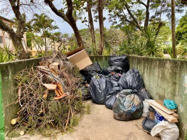 Ağaç dalları, plastik torbaları ve karton kutuları olan apartman çöpleri.