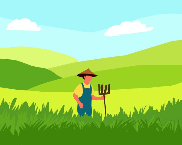 Illustration of a farmer standing in a lush green field holding a pitchfork, with rolling hills and a clear blue sky in the background. Perfect for agricultural or rural-themed designs