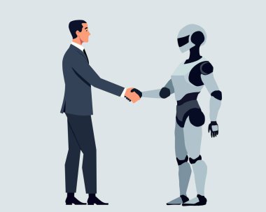 Bir insan ve robot arasındaki iş tokalaşması, işbirliğini, yapay zekayı ve gelecekteki ortaklıkları sembolize ediyor. Teknoloji ve yenilik temaları için ideal