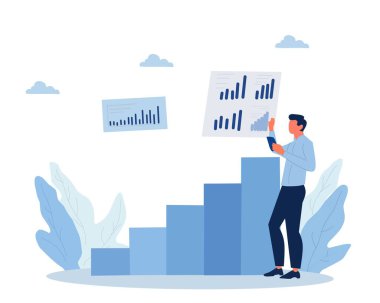 Verileri analiz eden ve stratejik bir plan yapan bir iş ekibinin tasviri. Profesyoneller şirket hedeflerine ulaşmak için çizelge ve grafikleri kullanarak işbirliği yaparlar. Takım çalışması ve büyüme kavramı