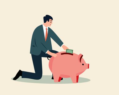 Tasarruf, finansal planlama ve yatırım kavramlarını sembolize eden pembe kumbaraya para sokarken diz çöken bir işadamının resmi