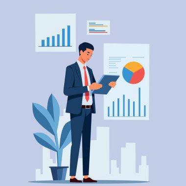 Çizimde takım elbiseli bir işadamı tabletteki verileri analiz ediyor. Arkasında iş analizlerini ve büyüme istatistiklerini temsil eden tablolar ve grafikler var.