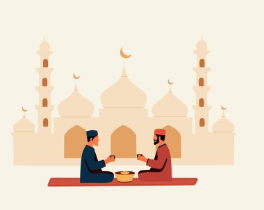 Ramazan ayında bir cami yakınlarında oruç tutan iki Müslüman adamın resmi. Bu sahne ruhaniliği, cemaat toplantılarını ve kutsal ayın özünü yansıtıyor.