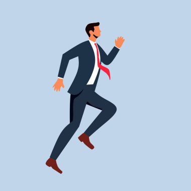 Dynamic illustration of a businessman in a formal suit jumping energetically, symbolizing ambition, motivation, and enthusiasm in professional pursuits clipart