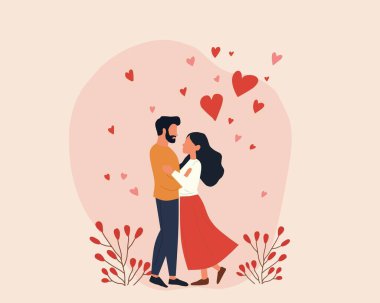 An illustration of a romantic couple embracing surrounded by floating red hearts, symbolizing love, affection, and the celebration of Valentine's Day clipart