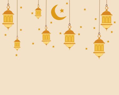 Asılı altın lambaları, hilal ayı ve yıldızları olan zarif Ramazan feneri çizimi. İslami festival tasarımları, bayram kutlamaları ve tebrik kartı dekorasyonları için mükemmel.