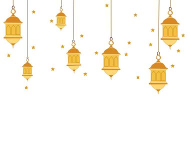Asılı altın lambaları, hilal ayı ve yıldızları olan zarif Ramazan feneri çizimi. İslami festival tasarımları, bayram kutlamaları ve tebrik kartı dekorasyonları için mükemmel.