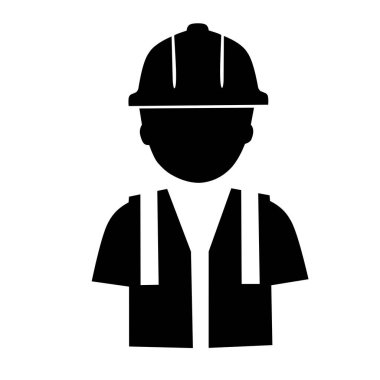 Bir inşaat işçisinin siluet simgesi. Sıkı bir şapka ve güvenlik yeleği giyiyor. Endüstri, mühendislik, güvenlik ve işgücü ile ilgili kavramlar için uygundur