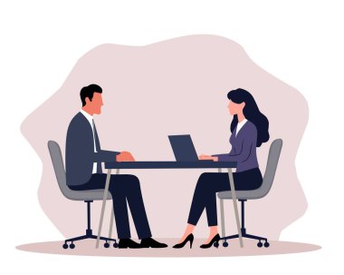 Resmi bir ofis ortamında bir kadın ve erkeğin olduğu profesyonel iş görüşmesi illüstrasyonu. Kariyer, işe alım, insan kaynakları, iş ve kurumsal kavramlar için mükemmel.