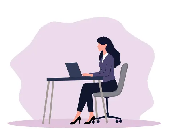 Modern ofis ortamında dizüstü bilgisayarda çalışan profesyonel bir iş kadını. Uzak çalışma, üretkenlik, kariyer büyümesi ve kurumsal başarı kavramları için ideal