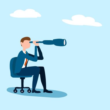 Mavi gökyüzünün arka planında dürbünle bakan iş adamı.