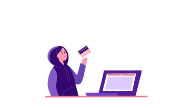 Kapüşonlu bir kişinin, yükselen bar çizelgesi ve yüzen şifreleme simgeleriyle bir dizüstü bilgisayarın önünde kredi kartı tutarken çekilmiş animasyon videosu. Siber suç kavramı, çevrimiçi işlemler, dijital finans veya düz hareket tasarımı hackleme.