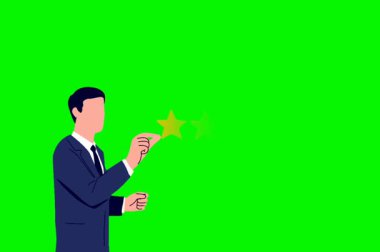 Animasyon işadamı yeşil ekranda 5 yıldız veriyor. Geri bildirim, eleştiri, müşteri memnuniyeti ve hizmet mükemmelliği kavramları için mükemmel.