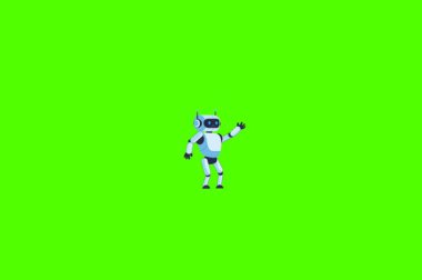 Krom anahtar yeşil arka planda el sallayan insansı robot animasyonu. Teknoloji içeriği, yapay zeka, bilim eğitimi veya gelecek temalı video kaplama efekti için uygundur.