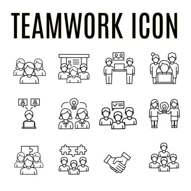 Takım çalışmasını, işbirliğini, fikir paylaşımını ve grup tartışmalarını temsil eden basit çizgi simgeleri. İş sunumları, bilgi grafikleri, web siteleri, uygulamalar ve proje planlaması için mükemmel