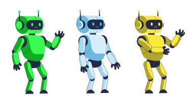 Yeşil, mavi ve sarı renkli üç tane çizgi film robotu. Bu fütüristik karakterler, ifade edici jestleri olan, teknolojiyle ilgili projeler, çocukların içeriği, yapay zeka kavramları, mobil oyunlar için mükemmel bir şekilde düz 3D tarzında tasarlanmıştır.
