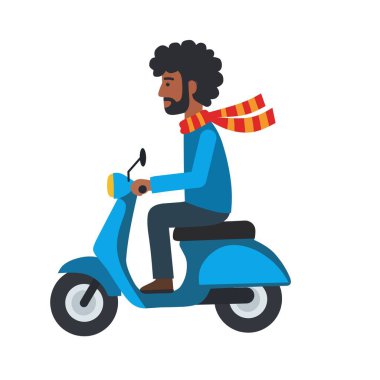Kırmızı eşarplı scooter süren bir adam. Teslimat, ulaşım, kentsel yaşam ve seyahat temalı projeler veya mobil uygulamalar için mükemmel