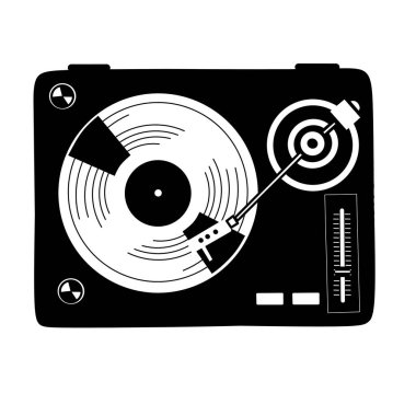 Klasik vinil plaklı bir pikabın siyah-beyaz çizimi. Retro müzik, DJ ve klasik ses temalı tasarımlar için mükemmel.