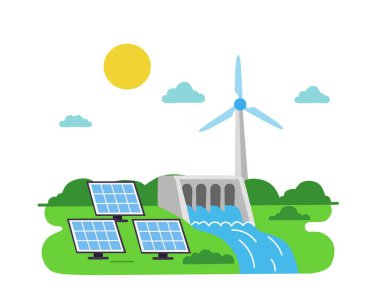 Güneş panelleri, rüzgar türbini ve hidroelektrik barajının, temiz ve sürdürülebilir enerji kaynağını temsil eden yeşil bir arazide birlikte çalışmasının bir gösterimi