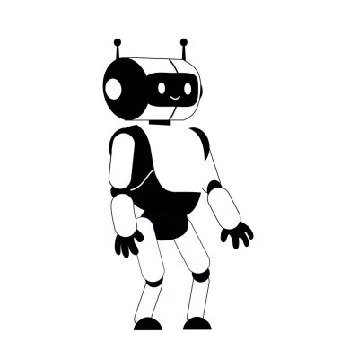 Beyaz arka planda dik duran, antenli ve dost yüzlü siyah beyaz robot. Teknoloji ve yapay zeka çizimleri için insansı gelecek karakteri