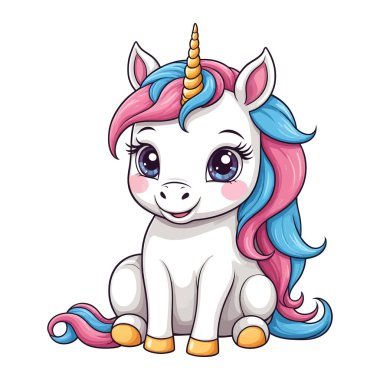 Beyaz arkaplanda izole edilmiş şirin tek boynuzlu at vektör çizimi