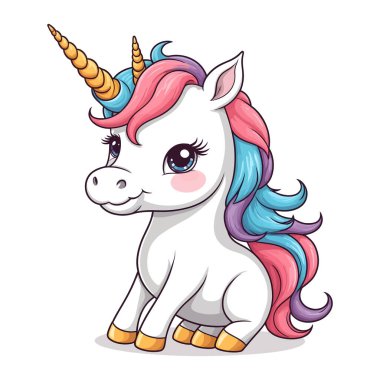 Beyaz arkaplanda izole edilmiş şirin tek boynuzlu at vektör çizimi