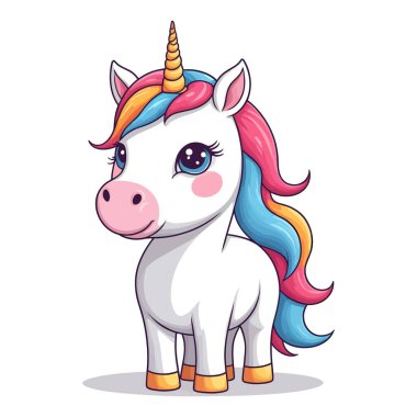 Beyaz arkaplanda izole edilmiş şirin tek boynuzlu at vektör çizimi