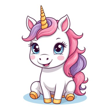 Beyaz arkaplanda izole edilmiş şirin tek boynuzlu at vektör çizimi