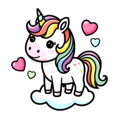 Beyaz arkaplanda izole edilmiş şirin tek boynuzlu at vektör çizimi