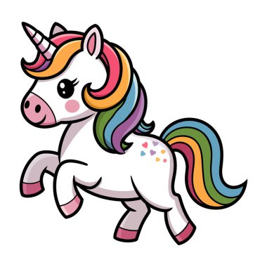 Beyaz arkaplanda izole edilmiş şirin tek boynuzlu at vektör çizimi