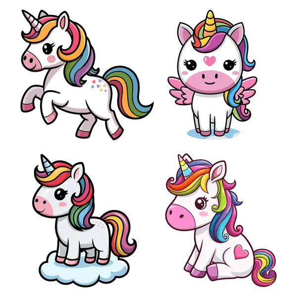 Beyaz arkaplanda izole edilmiş şirin tek boynuzlu at vektör çizimi