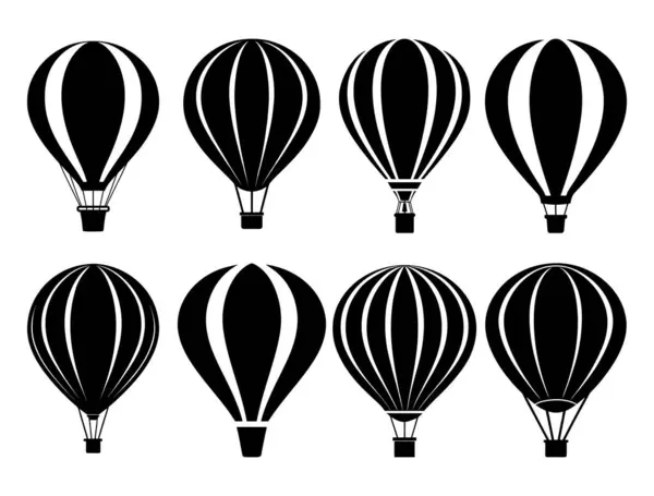 Sıcak Hava Balonu Simgeleri Siluet Toplama Vektör Resimleri Beyaz Arkaplanda, Logolar ve Dcor İçin Mükemmel. Sıcak Hava Balonunun Siyah ve Beyaz Silüeti 