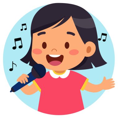 Şarkı söyleyen küçük kız elinde mikrofonla şarkı söylüyor İllüstrasyon