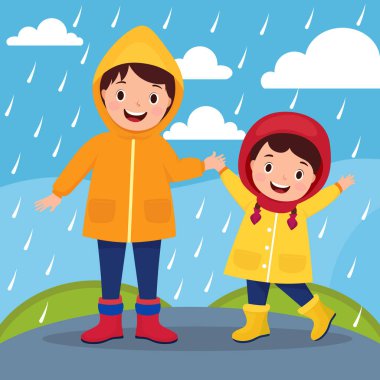 Yağmurdan hoşlanan tatlı bir kız. Çocuk bir yağmurluk giyiyor. Lastik çizmeli mutlu bir kızla yağmurlu bir gün vektör çizimi