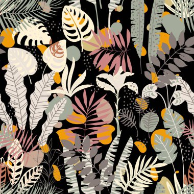 Yaprakları ve bitkileri olan tropikal dikişsiz desen.