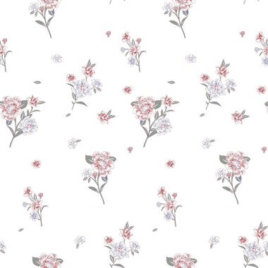 Suluboya çiçekleri, yaprakları ve dalları olan kusursuz bir desen. suluboya çiçekli arka plan, elle çizilmiş illüstrasyon.