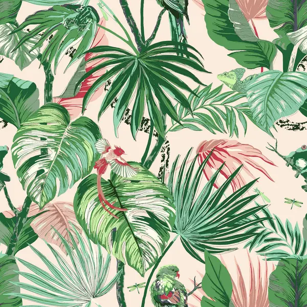 Egzotik palmiye yaprakları olan dikişsiz suluboya deseni. tropikal arkaplan