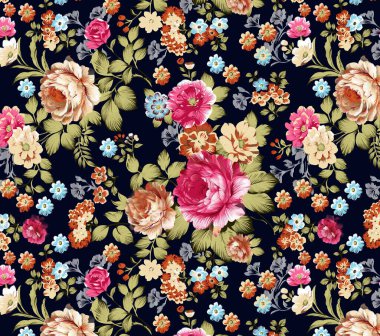 Çiçek elementleriyle kusursuz klasik barok vektör deseni. Victoria dönemi süslemeleri ve süslü yaprakları olan çiçekli siyah arkaplan..