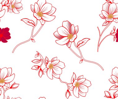 Beyaz arkaplanda kırmızı çiçekler ve dallar