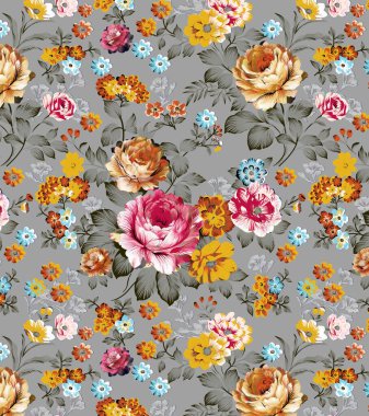 Güllü, şakayıklı, kelebekli, suluboya resimli kusursuz desen.