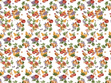 suluboya meyveler, yapraklar ve böğürtlenlerle kusursuz desen