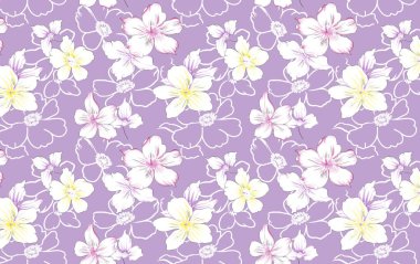 Mor çiçekli çiçek arkaplanının vektör çizimi, kelebekler