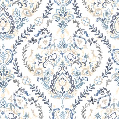 Mavi ve beyaz süslemeli kusursuz çiçek deseni.