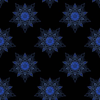 Siyah arkaplanda mavi kar taneleri, vektör.