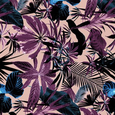 Palmiye yaprakları ve çiçekleri ile tropikal seamless modeli